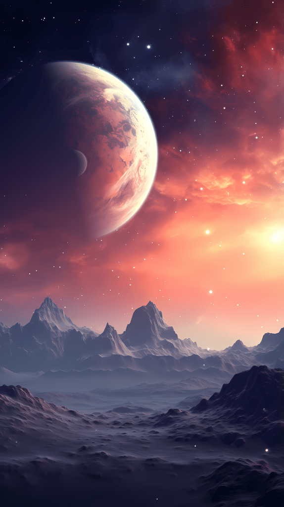 Un paysage de science-fiction captivant avec une grande planète rougeâtre en gros plan sur un ciel étoilé aux nuances de rouge et de violet. En premier plan, des montagnes escarpées et un terrain accidenté évoquent une surface extraterrestre désolée. Cette image illustre un monde fantastique ou un concept artistique pour un univers de science-fiction.