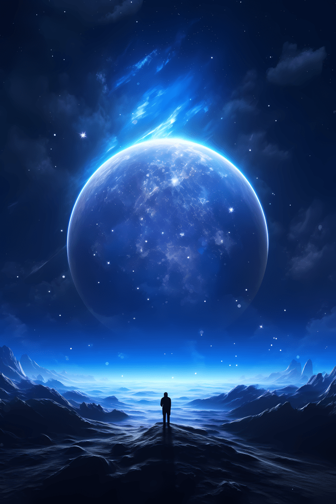 Une image artistique saisissante dépeignant une silhouette solitaire d'un homme debout sur une surface de planète désolée et rocheuse. Au-dessus, une planète massive remplit le ciel nocturne, illuminée par un halo de lumière bleue intense, avec des étoiles scintillantes et des météores en arrière-plan. Cette représentation évoque un sentiment d'émerveillement et d'exploration spatiale.
