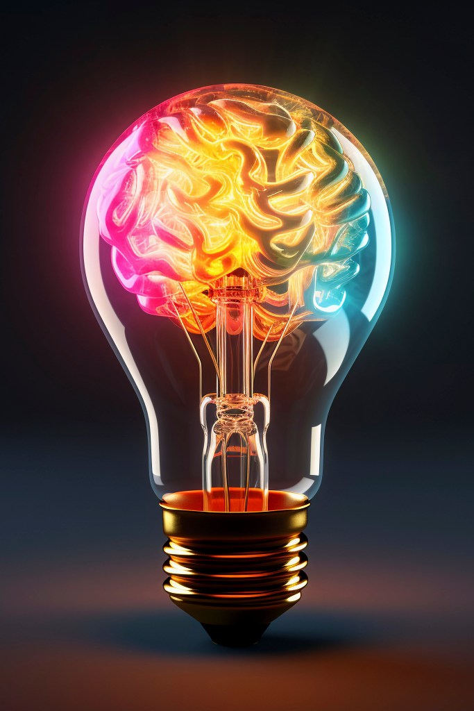 Une ampoule électrique créative avec un filament en forme de cerveau humain brillant de couleurs vives, symbolisant l'innovation et l'intellect. La moitié supérieure de l'ampoule est teintée de rose et d'orange, évoquant les hémisphères cérébraux, tandis que la base et le culot sont en métal doré, le tout sur un fond sombre qui met en valeur la luminosité de l'ampoule.